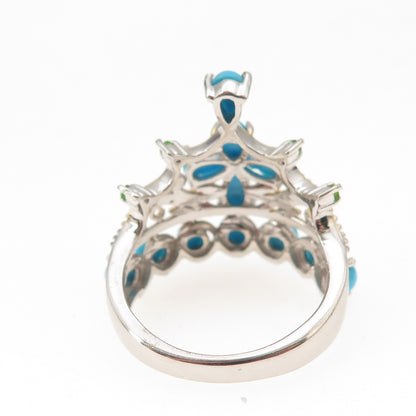 Chuck Clemency 925 Sterling 2-Tone Real Turquoise & Peridot Tiara Ring Size 8