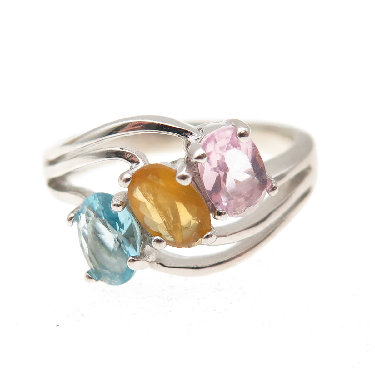 925 Sterling Silver Oval-Cut Multi-Color C Z Bypass Ring Size 6.25