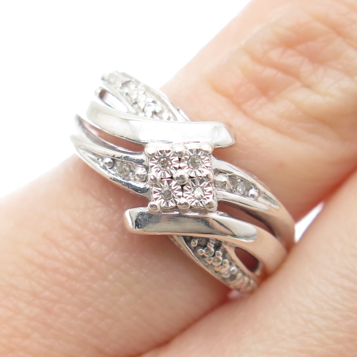 925 Sterling Silver Real Round-Cut Diamond Sparkle Bypass Ring Size 5.5