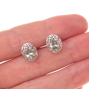 Chuck Clemency 925 Sterling Silver Real Oval-Cut Iolite Floral Stud Earrings