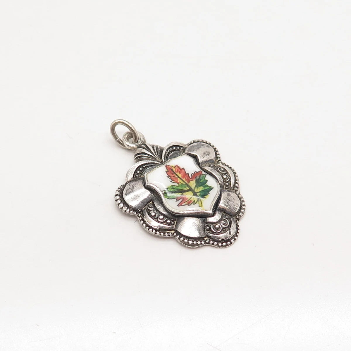 925 Sterling Silver Vintage REU Enamel Maple Leaf Coat of Arms Pendant
