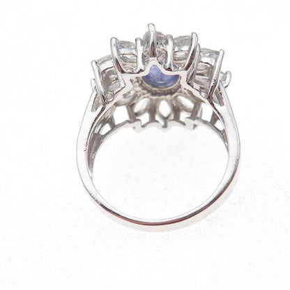 925 Sterling Silver Real Tanzanite & White Topaz Floral Ring Size 8