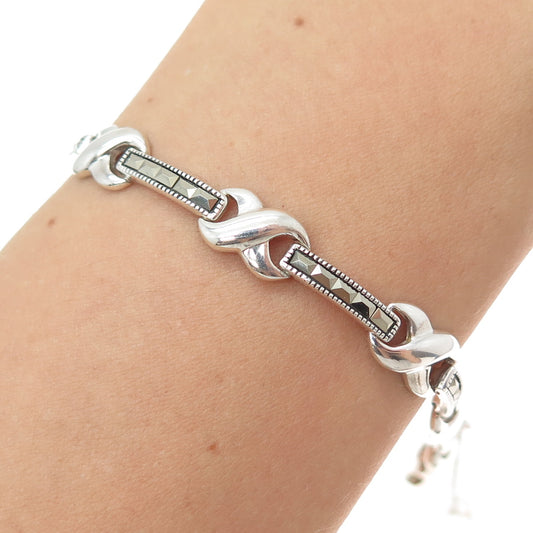 925 Sterling Silver Vintage Real Marcasite Infinity & Bar Link Bracelet 7.25"