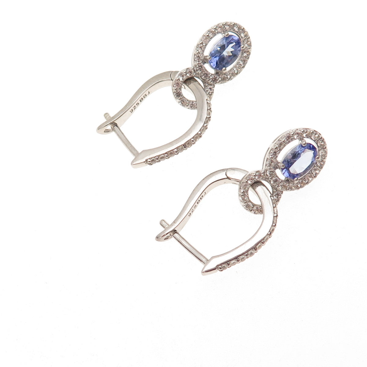 925 Sterling Silver Real Tanzanite & White Topaz Dangle Charm Hoop Earrings