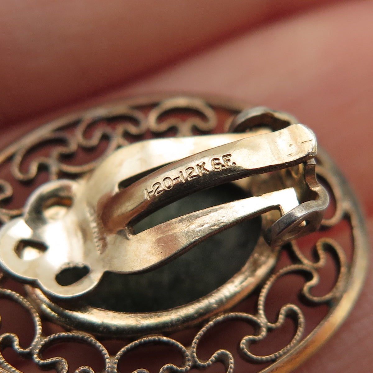 WINARD 1/20 12K Gold Filled Vintage Real Jade Filigree Clip On Earrings