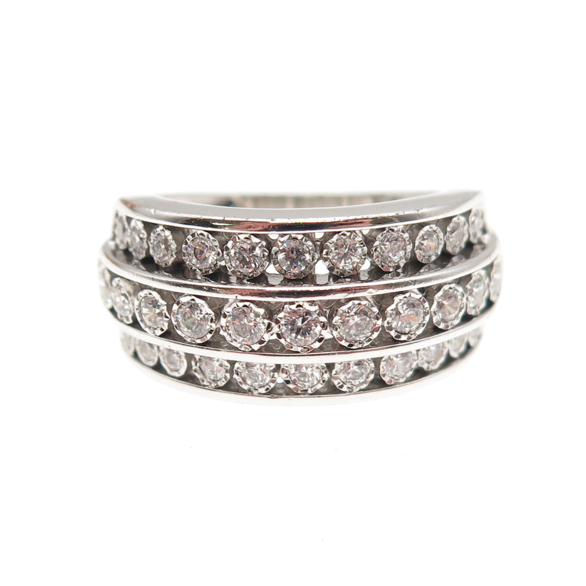 925 Sterling Silver Round-Cut C Z 3-Row Ring Size 7.25