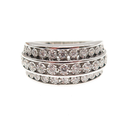 925 Sterling Silver Round-Cut C Z 3-Row Ring Size 7.25