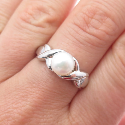 925 Sterling Silver Vintage Real Pearl Modernist Crisscross Ring Size 8
