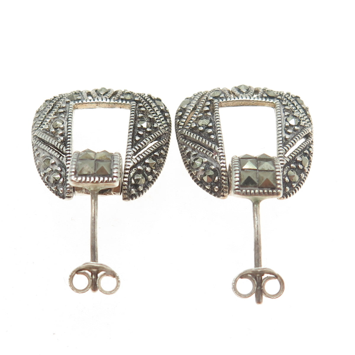 925 Sterling Silver Real Marcasite Gemstone Door Knocker Earrings