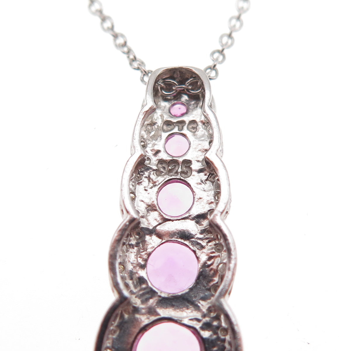 925 Sterling Silver Real Diamond & Pink Topaz Cable Chain Necklace 18"