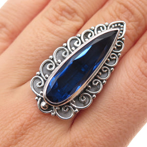 925 Sterling Silver Vintage Pear-Cut Blue C Z Swirl Oxidized Ring Size 7.5