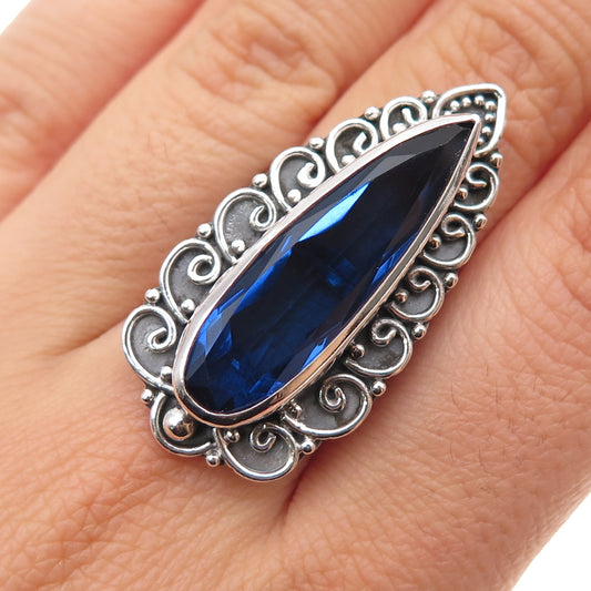 925 Sterling Silver Vintage Pear-Cut Blue C Z Swirl Oxidized Ring Size 7.5