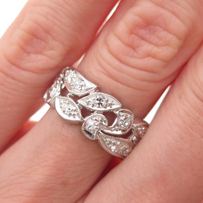 Platinum Antique Art Deco Real Round-Cut Diamond Floral Band Ring Size 5.25