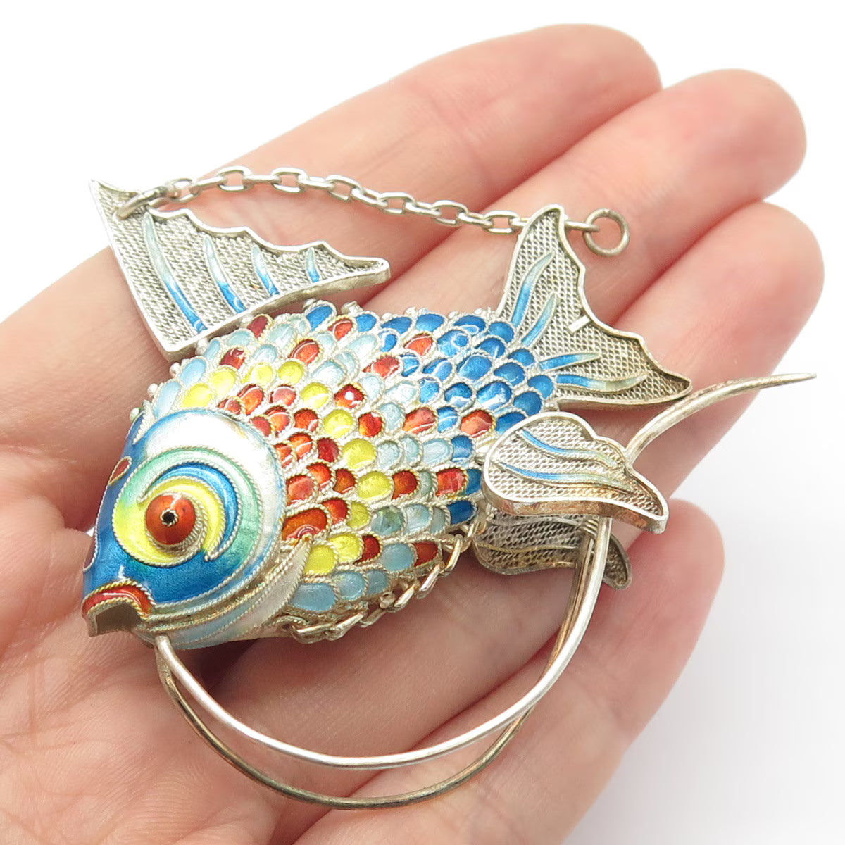 925 Sterling Silver Antique Enamel Articulated Chinese Koi Fish Chatelaine Fob