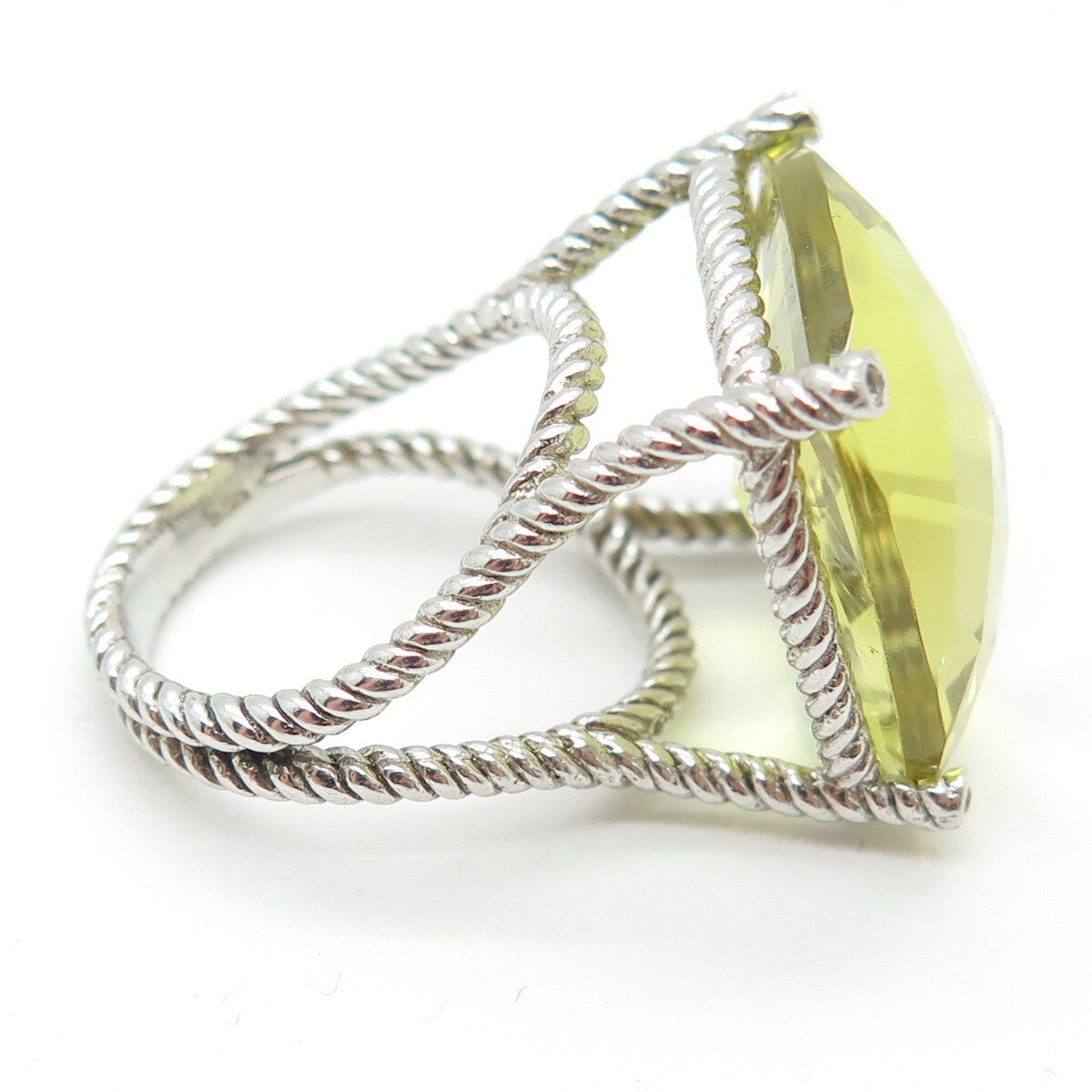 925 Sterling Silver Large Lime Citrine & White Topaz Gem Twisted Ring Size 6.75
