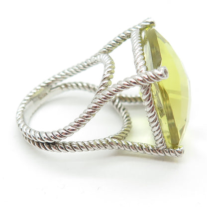 925 Sterling Silver Large Lime Citrine & White Topaz Gem Twisted Ring Size 6.75