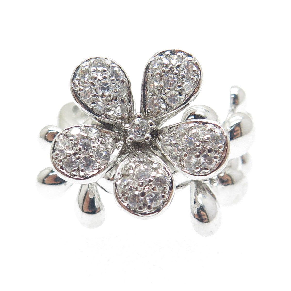 925 Sterling Silver Round-Cut Shaped C Z Flower Blossom Ring Size 7.25