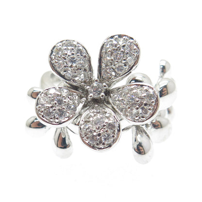 925 Sterling Silver Round-Cut Shaped C Z Flower Blossom Ring Size 7.25