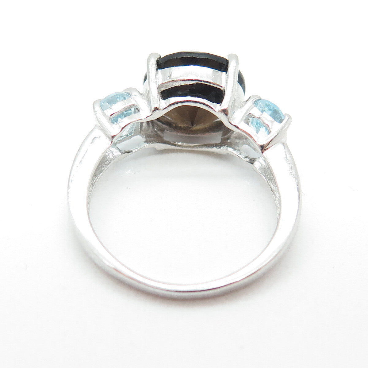 925 Sterling Silver Real Round-Cut Smoky Quartz & Blue Topaz Ring Size 6.25