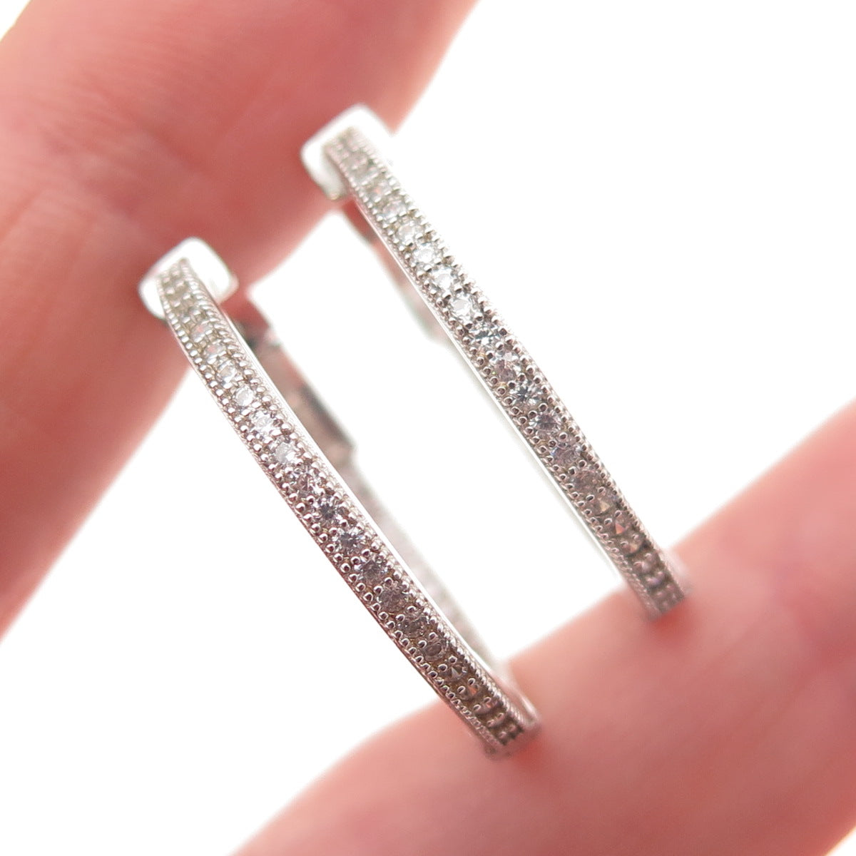 925 Sterling Silver Round-Cut C Z In & Out Hoop Earrings