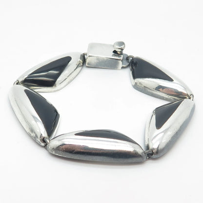 970 Silver Vintage MexicoJ. Gomes Black Onyx Gem Link Bracelet 6.75"