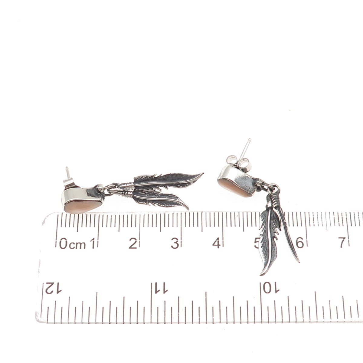Old Pawn 925 Sterling Silver Vintage Southwestern MOP Feather Dangle Earrings