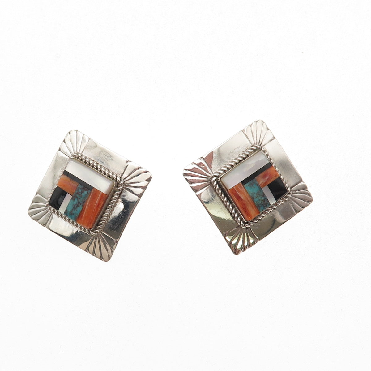 Old Pawn Sterling Silver Vintage Turquoise Spiny Oyster Black Onyx MOP Earrings