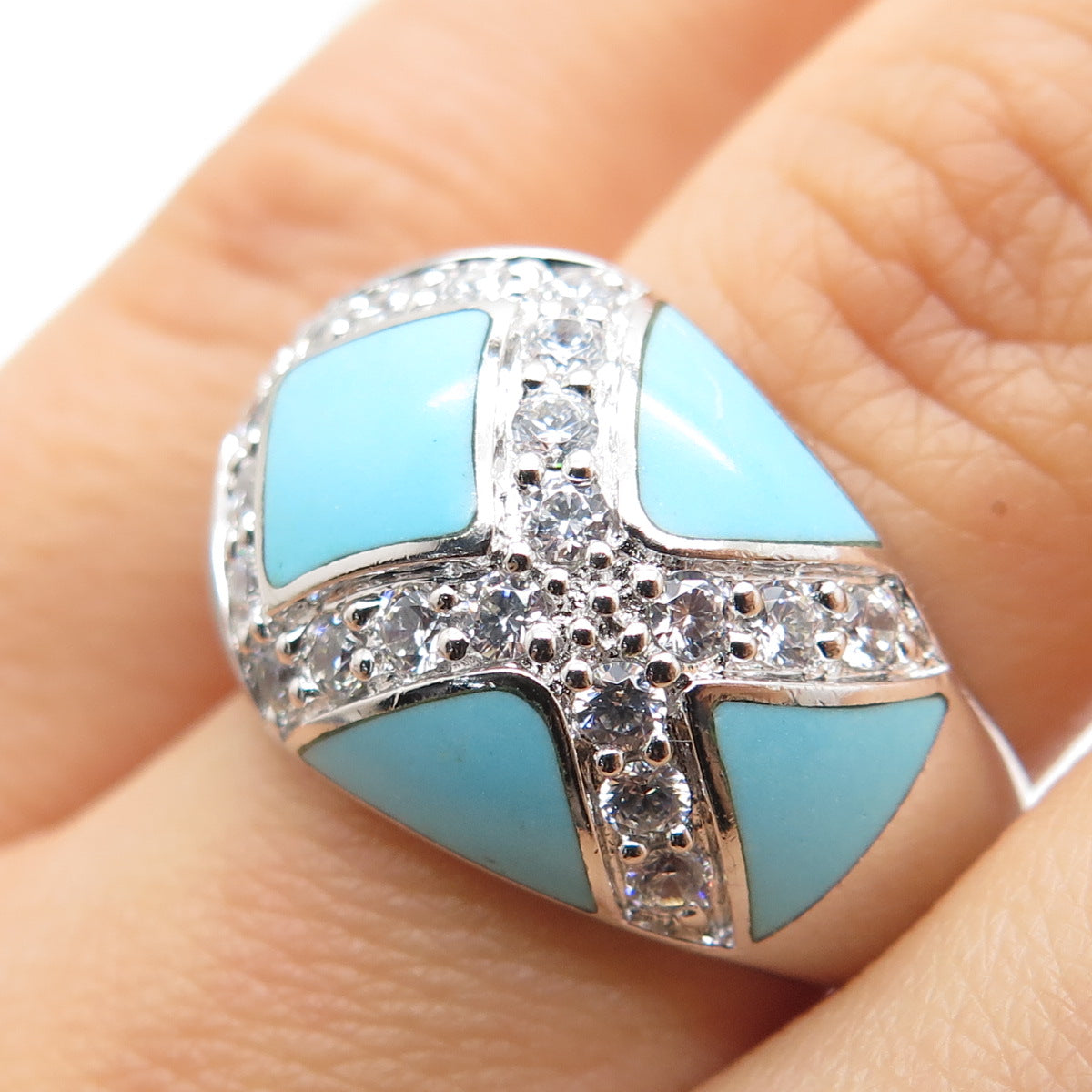 ERIC GROSSBARDT 925 Sterling Silver Vintage Real Turquoise & C Z Ring Size 8