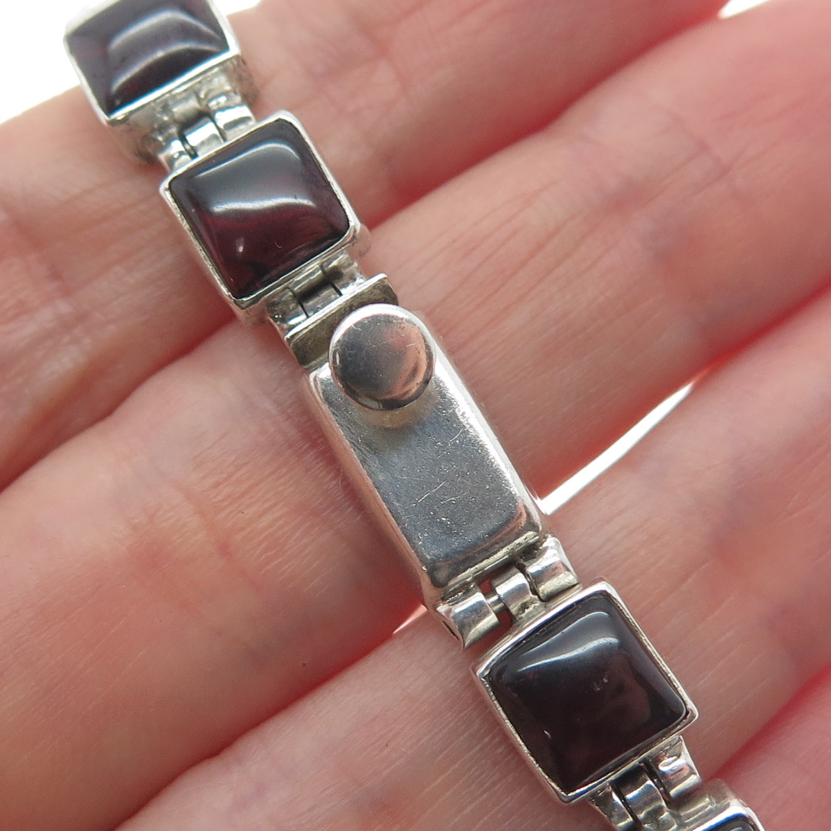 925 Sterling Silver Vintage Real Tourmaline Square Link Bracelet 7.5"
