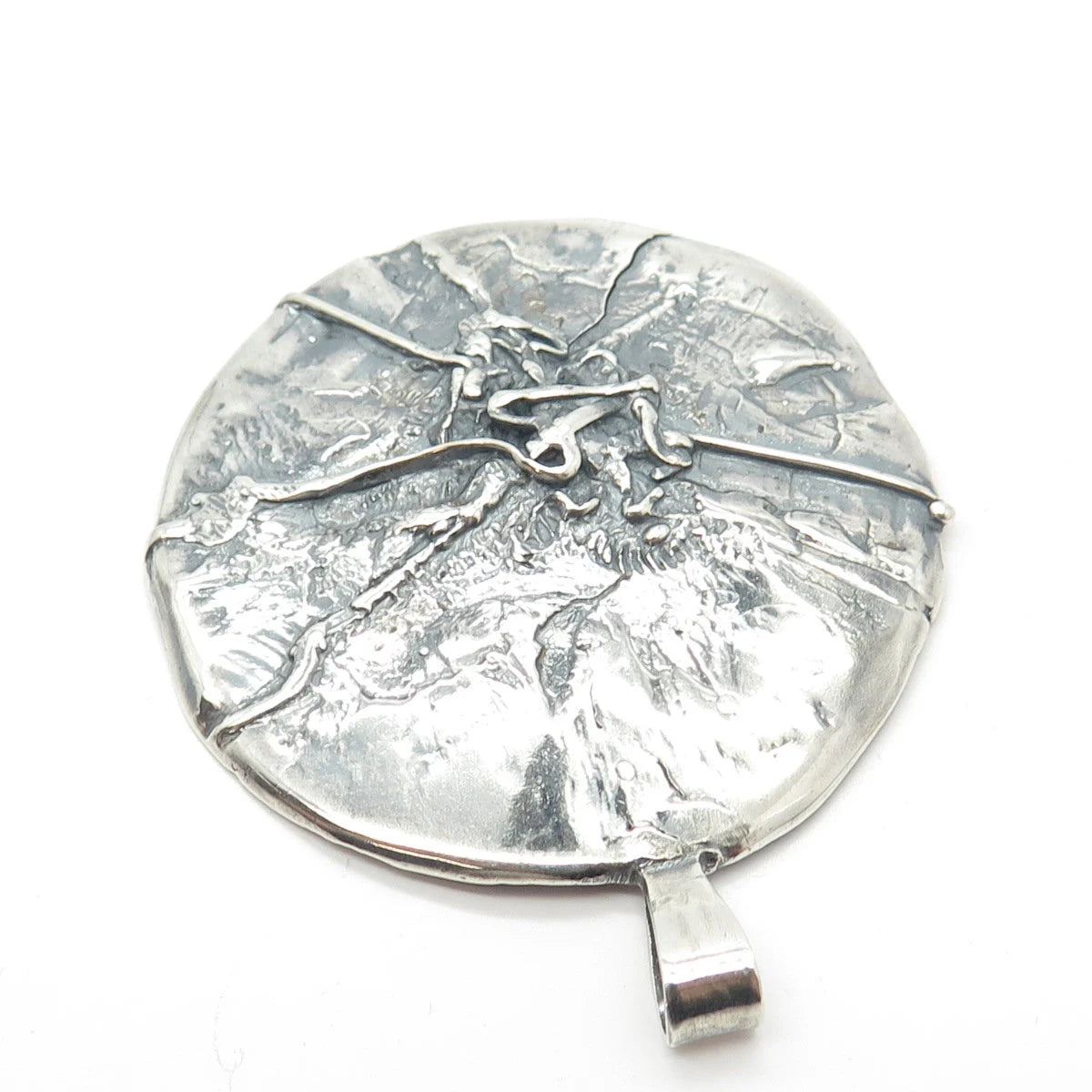925 Sterling Silver Vintage Brutalist Modernist Large Round Pendant