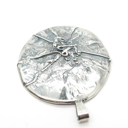925 Sterling Silver Vintage Brutalist Modernist Large Round Pendant