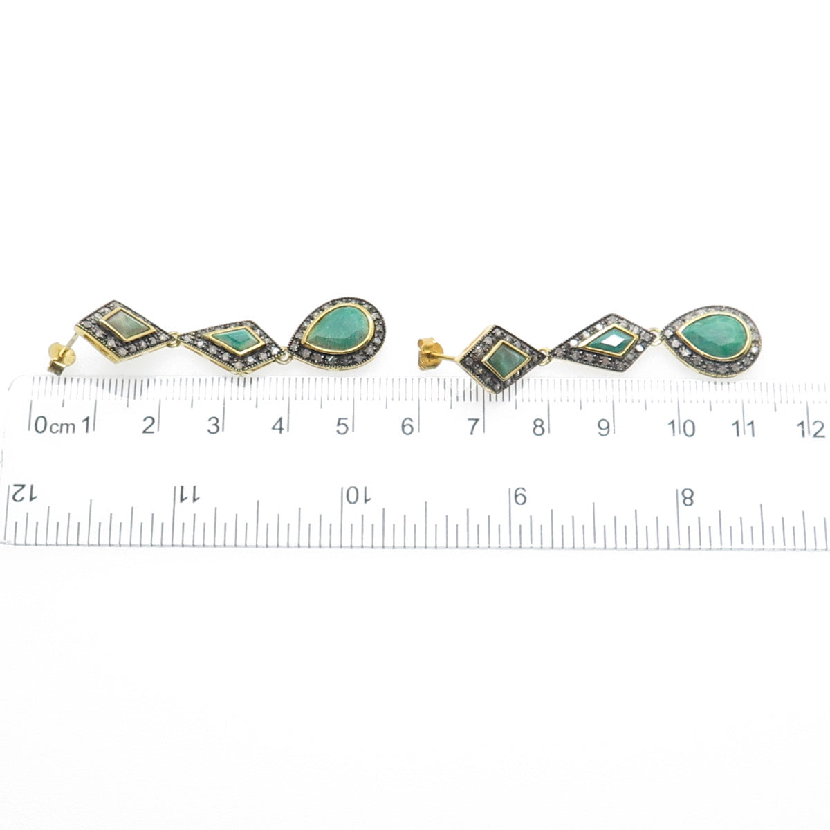 925 Sterling Silver Gold Plated Real Diamond & Emerald Teardrop Dangle Earrings