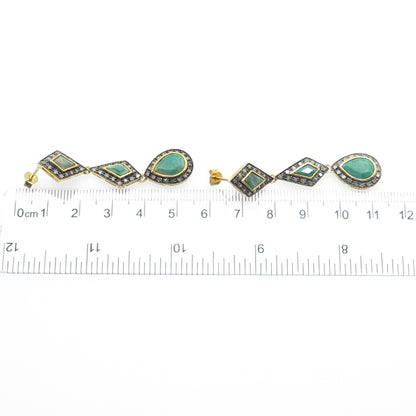 925 Sterling Silver Gold Plated Real Diamond & Emerald Teardrop Dangle Earrings