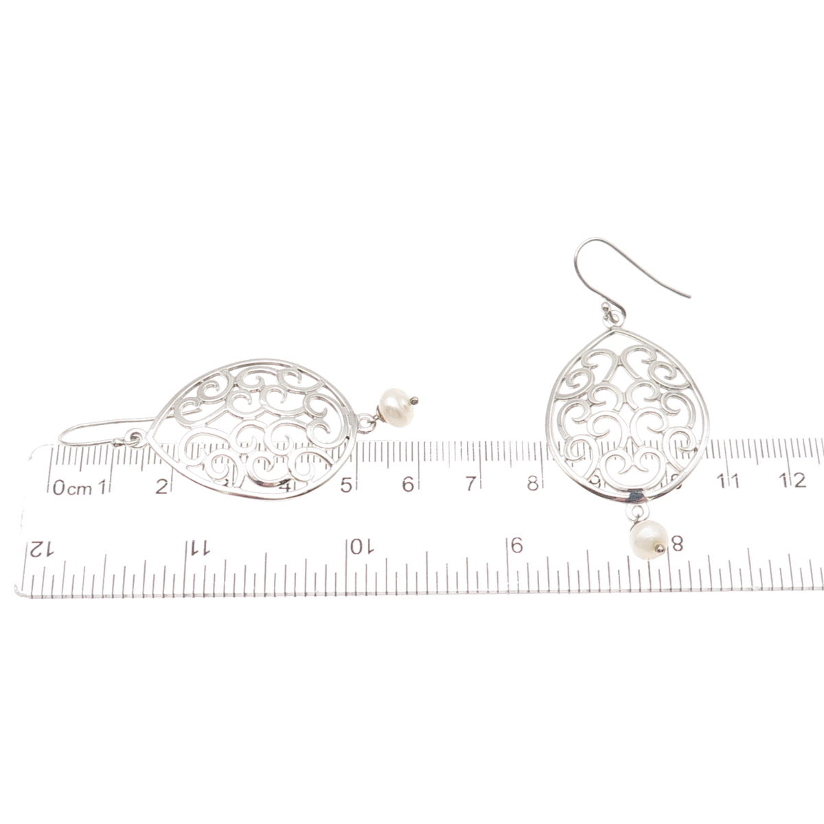 925 Sterling Silver Real Pearl Scroll Dangle Earrings