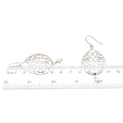 925 Sterling Silver Real Pearl Scroll Dangle Earrings