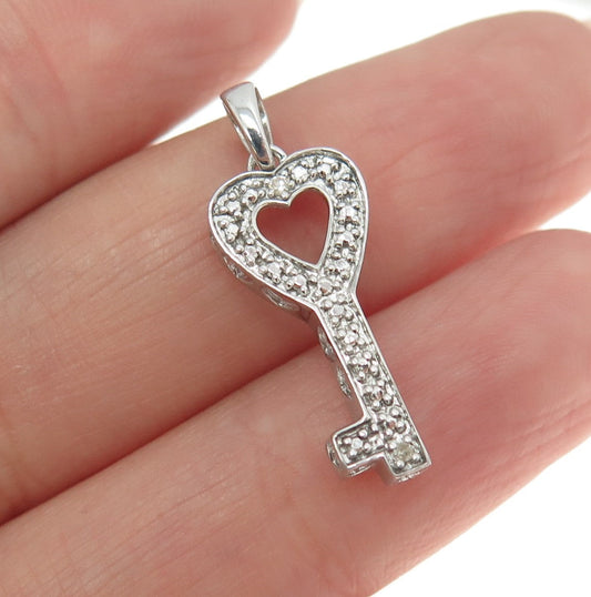 925 Sterling Silver Real Round-Cut Diamond Heart Key Minimalist Charm Pendant