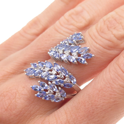 925 Sterling Silver Real Tanzanite & White Topaz Floral Adjustable Ring Size 8