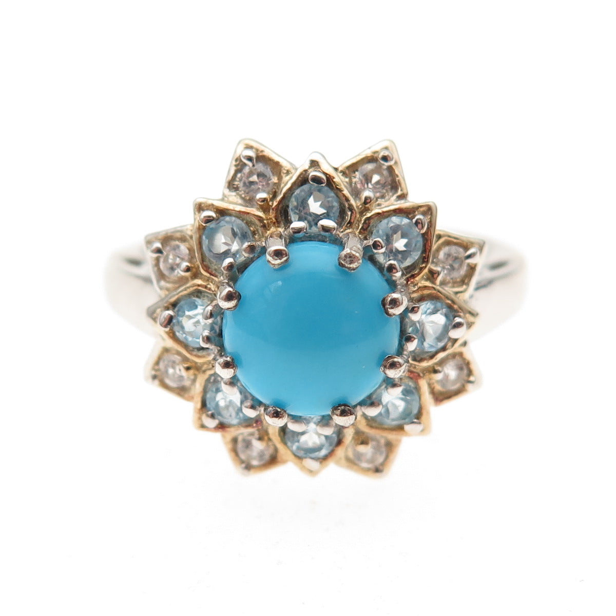 Chuck Clemency 925 Sterling 2-Tone Real Turquoise Blue & White Topaz Ring Size 7