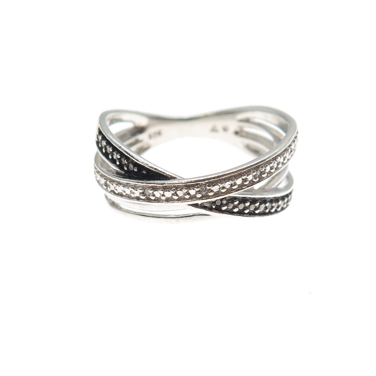 925 Sterling Silver Real Black & White Diamond Crisscross Ring Size 7