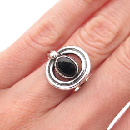 925 Sterling Silver Vintage Real Black Onyx Modernist Oxidized Ring Size 4.75