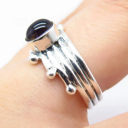 925 Sterling Silver Vintage Real Amethyst Gemstone Striped Ring Size 8