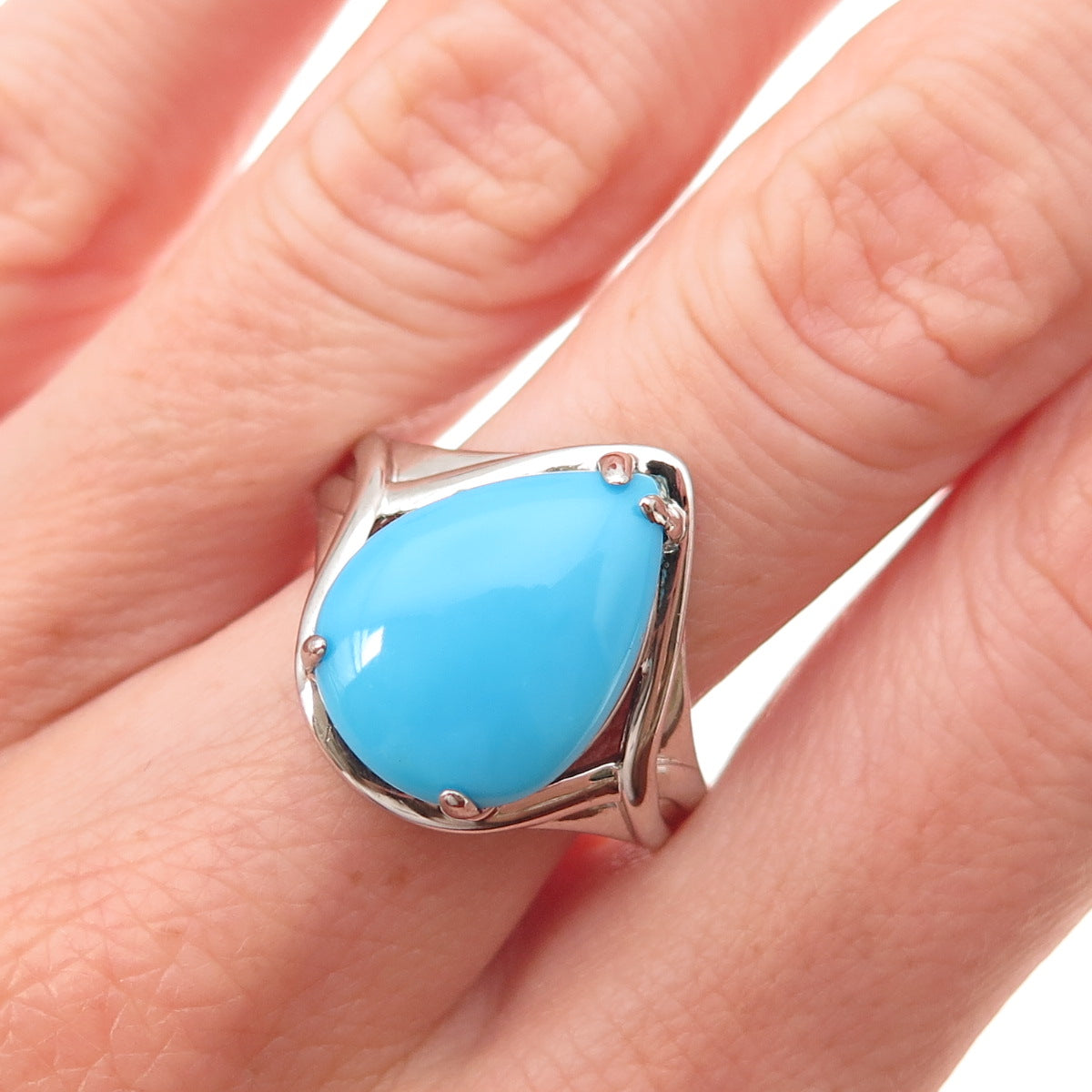 925 Sterling Silver Real Sleeping Beauty Turquoise Teardrop Ring Size 8.25