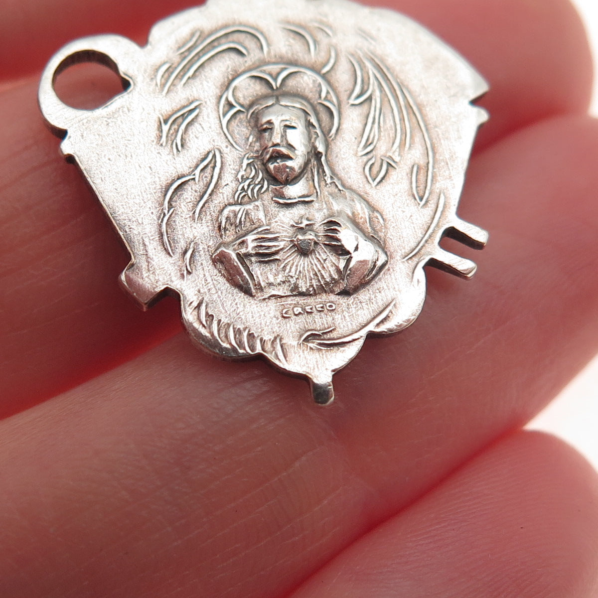 Creed 925 Sterling Silver Antique Art Deco Jesus Sacred Heart Charm Pendant
