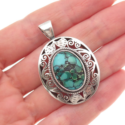 925 Sterling Silver Vintage Real Peacock Turquoise Oxidized Charm Pendant