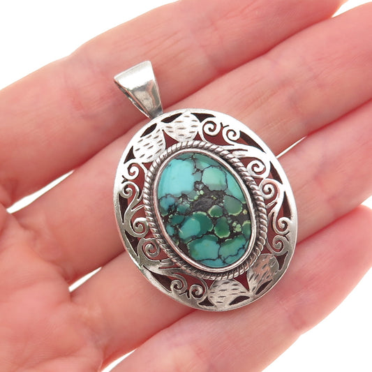 925 Sterling Silver Vintage Real Peacock Turquoise Oxidized Charm Pendant