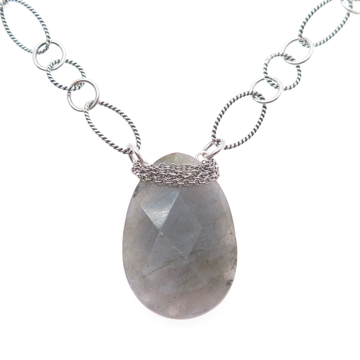 925 Sterling Silver Vintage Real Labradorite Figaro Chain Necklace 14"