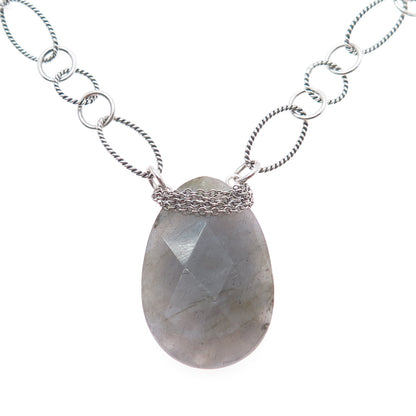 925 Sterling Silver Vintage Real Labradorite Figaro Chain Necklace 14"