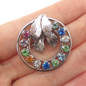 925 Sterling Silver Antique Art Deco Multi-Color Rhinestone Floral Pin Brooch