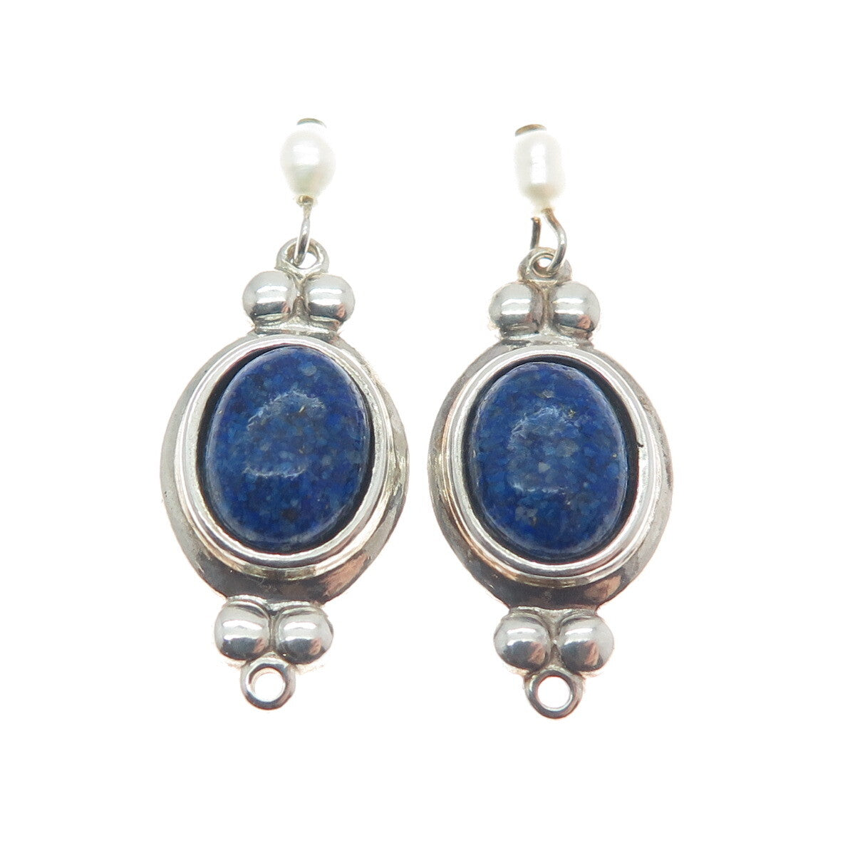 COLEMAN CO. 925 Sterling Silver Vintage Real Lapis Inlay & Pearl Jacket Earrings