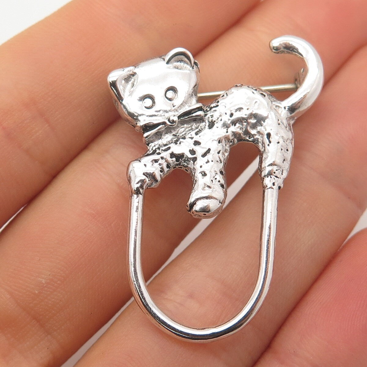 925 Sterling Silver Vintage Mexico Cat / Kitten Modernist Pin Brooch